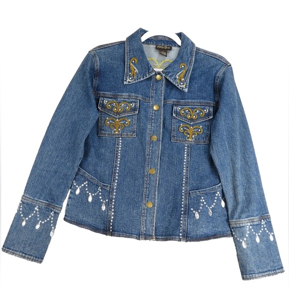 PATTI LA BELLE Blue Embellished Rhinestone
Beads Country Denim Jacket Women's 2X - Picture 1 of 9